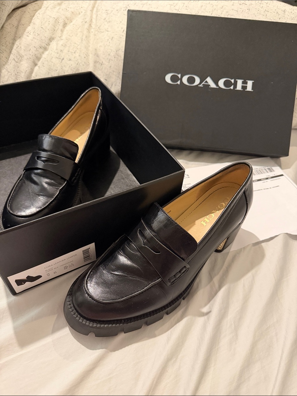 Coach Black Leather Cora Penny Loafers with Lug Sole